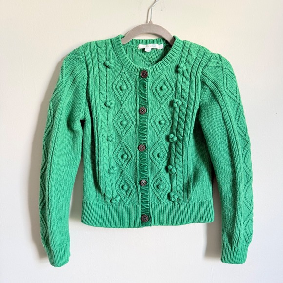Boden Sweaters - Boden Green Cable Knit Pom Pom Bobble Cardigan Sweater Cotton Wool Blend US 8